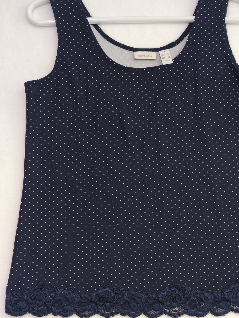 Chico's Navy with White Polka Dot Sleeveless Top Tank Top Lace Hem Plus Size 1